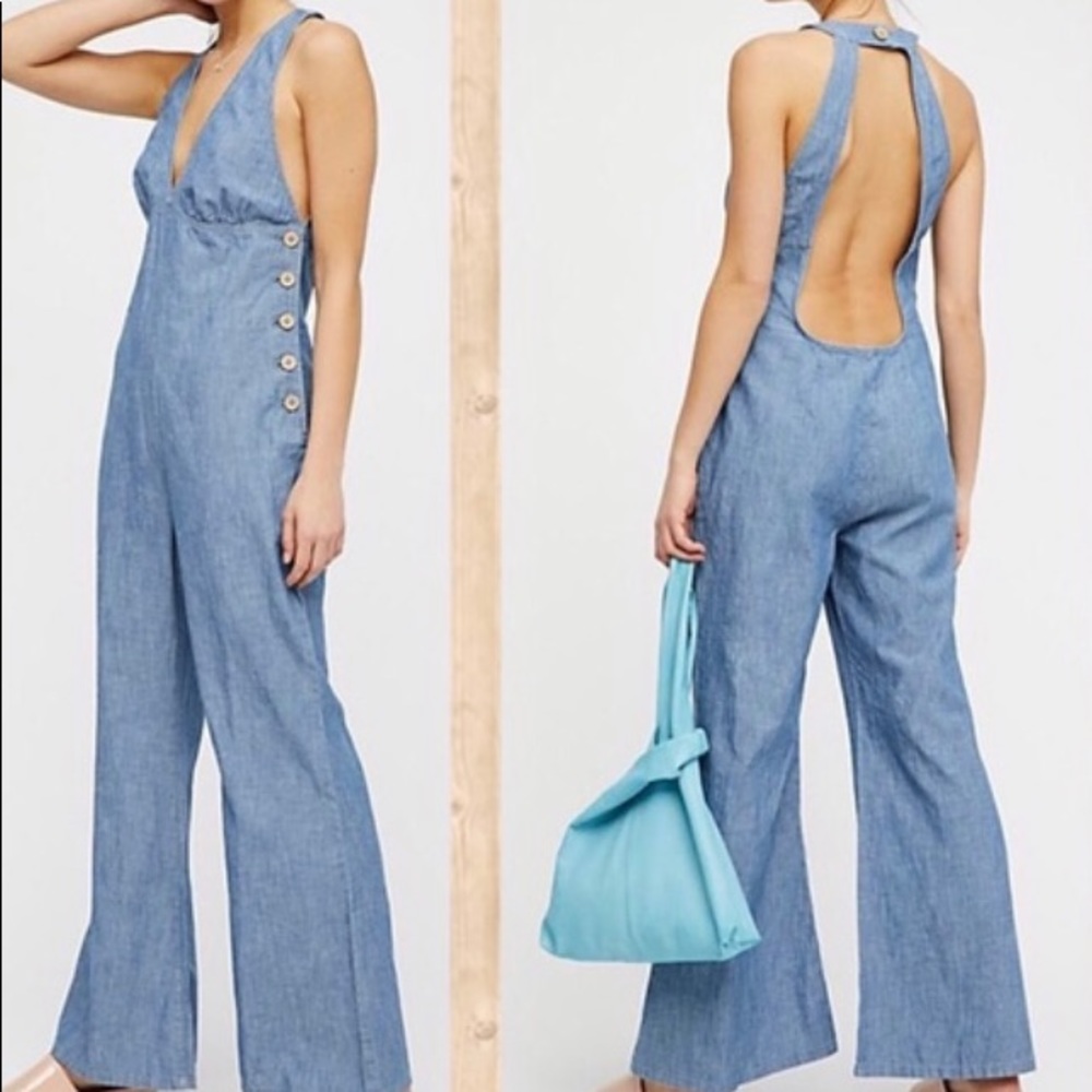 Free people blue chambray backless jumpsuit